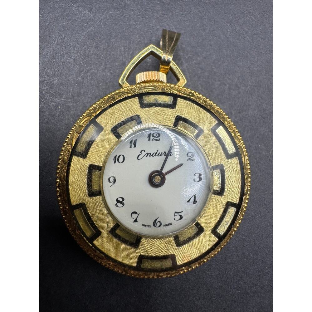 Vintage Endura Pendant Pocket Watch With Black Accent Swiss Made White Dial